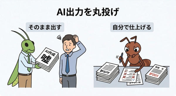 AIの出力をそのまま提出するなら、あなたの仕事は来年にはなくなる, AIを使いこなして俺つえーって感じるのはダニング・クルーガー効果, AIを使っているのに成長しない人は、「考える前に聞く」癖がついている, 泥臭い下積みをAIで全スキップすると、数年後に「後輩に何も教えられない先輩」になる, 企画の「決定」までAIに委ねるならあなたの仕事は単なる「AIのお世話係」になる, AIは「サボるための道具」ではなく「限界まで考え抜くための武器」