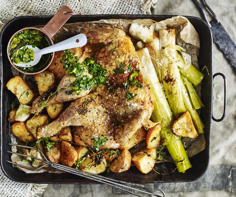 How to tell if your roast chicken is cooked,          Garlic butter roast chicken with heirloom tomatoes      ,          Best-ever air fryer roast chicken      ,          Roast chicken with cheesy green polenta      ,          Butterflied soy and ginger chicken      ,          Classic roast chicken with gravy      ,          Air fryer roast chicken with secret herbs and spices      ,          Chicken and artichoke pot roast      ,          French-style roast chicken      ,          Butterflied roast chicken with leek      ,          Roasted sumac chicken with baby vegetables      ,          Classic roast chicken      ,          Chicken in a pot      ,          Asian-style roast chicken      ,          Spanish-style roast chicken      ,          Cajun roast chicken with corn cream      ,          Moroccan roast chicken and cauliflower      ,          Tea brined roasted chicken      ,          Roast chicken with lemon and garlic      ,          Mustard roast chicken      ,          Paprika roast chicken with corn and polenta stuffing      ,          Roast chicken for two      ,          Roasted lemon thyme chicken      ,          Roast chicken with 40 cloves of garlic      ,          Tarragon roast chicken with crispy potatoes      ,          Garlic and oregano roast chicken      ,          Roast chicken with garlic potatoes and rosemary      ,          Lemon thyme and chilli roast chicken      ,          Roast chicken with broad beans and lemon      , Sides for your roast chicken dinner