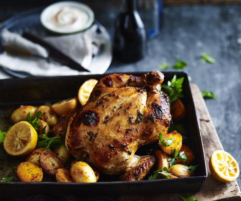 How to tell if your roast chicken is cooked,          Garlic butter roast chicken with heirloom tomatoes      ,          Best-ever air fryer roast chicken      ,          Roast chicken with cheesy green polenta      ,          Butterflied soy and ginger chicken      ,          Classic roast chicken with gravy      ,          Air fryer roast chicken with secret herbs and spices      ,          Chicken and artichoke pot roast      ,          French-style roast chicken      ,          Butterflied roast chicken with leek      ,          Roasted sumac chicken with baby vegetables      ,          Classic roast chicken      ,          Chicken in a pot      ,          Asian-style roast chicken      ,          Spanish-style roast chicken      ,          Cajun roast chicken with corn cream      ,          Moroccan roast chicken and cauliflower      ,          Tea brined roasted chicken      ,          Roast chicken with lemon and garlic      ,          Mustard roast chicken      ,          Paprika roast chicken with corn and polenta stuffing      ,          Roast chicken for two      ,          Roasted lemon thyme chicken      ,          Roast chicken with 40 cloves of garlic      ,          Tarragon roast chicken with crispy potatoes      ,          Garlic and oregano roast chicken      ,          Roast chicken with garlic potatoes and rosemary      ,          Lemon thyme and chilli roast chicken      ,          Roast chicken with broad beans and lemon      , Sides for your roast chicken dinner