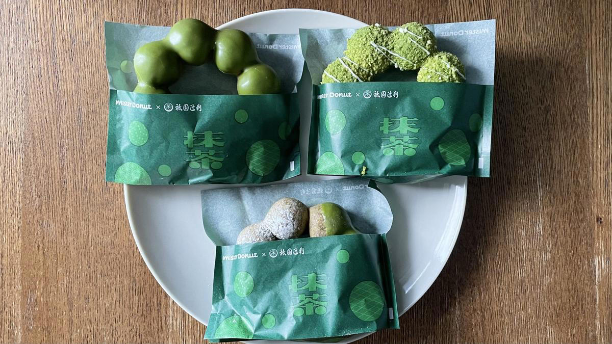 「宇治抹茶ドーナツシリーズ」は全部で5種類, どらやきをモチーフにした「ドら抹茶」, 毎年人気の「ポン・デ・宇治抹茶」, 思わず「うま……！」と声が出た「ドら抹茶」, 抹茶の苦味が◎「ポン・デ・ダブル宇治抹茶」