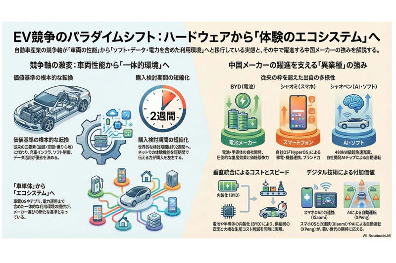 電動化競争の軸移動, データ蓄積の競争構造, 価格主導の競争構図, 非自動車出自の競争力, 出自の差が生む優位, 普及過程での優位構造