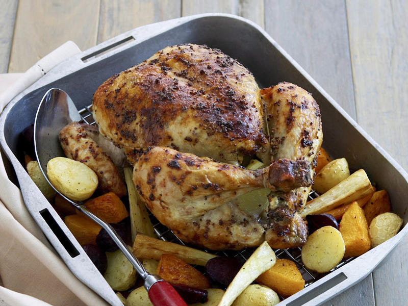 How to tell if your roast chicken is cooked,          Garlic butter roast chicken with heirloom tomatoes      ,          Best-ever air fryer roast chicken      ,          Roast chicken with cheesy green polenta      ,          Butterflied soy and ginger chicken      ,          Classic roast chicken with gravy      ,          Air fryer roast chicken with secret herbs and spices      ,          Chicken and artichoke pot roast      ,          French-style roast chicken      ,          Butterflied roast chicken with leek      ,          Roasted sumac chicken with baby vegetables      ,          Classic roast chicken      ,          Chicken in a pot      ,          Asian-style roast chicken      ,          Spanish-style roast chicken      ,          Cajun roast chicken with corn cream      ,          Moroccan roast chicken and cauliflower      ,          Tea brined roasted chicken      ,          Roast chicken with lemon and garlic      ,          Mustard roast chicken      ,          Paprika roast chicken with corn and polenta stuffing      ,          Roast chicken for two      ,          Roasted lemon thyme chicken      ,          Roast chicken with 40 cloves of garlic      ,          Tarragon roast chicken with crispy potatoes      ,          Garlic and oregano roast chicken      ,          Roast chicken with garlic potatoes and rosemary      ,          Lemon thyme and chilli roast chicken      ,          Roast chicken with broad beans and lemon      , Sides for your roast chicken dinner