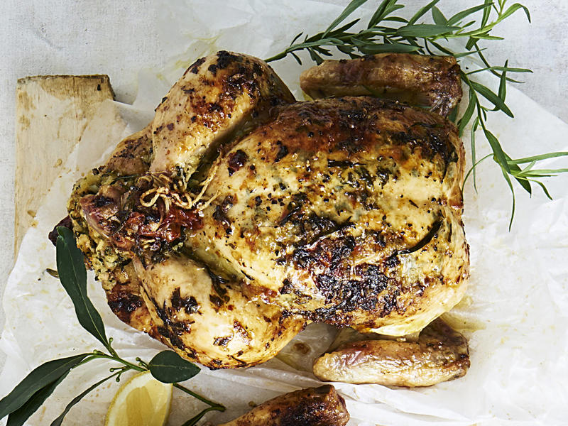 How to tell if your roast chicken is cooked,          Garlic butter roast chicken with heirloom tomatoes      ,          Best-ever air fryer roast chicken      ,          Roast chicken with cheesy green polenta      ,          Butterflied soy and ginger chicken      ,          Classic roast chicken with gravy      ,          Air fryer roast chicken with secret herbs and spices      ,          Chicken and artichoke pot roast      ,          French-style roast chicken      ,          Butterflied roast chicken with leek      ,          Roasted sumac chicken with baby vegetables      ,          Classic roast chicken      ,          Chicken in a pot      ,          Asian-style roast chicken      ,          Spanish-style roast chicken      ,          Cajun roast chicken with corn cream      ,          Moroccan roast chicken and cauliflower      ,          Tea brined roasted chicken      ,          Roast chicken with lemon and garlic      ,          Mustard roast chicken      ,          Paprika roast chicken with corn and polenta stuffing      ,          Roast chicken for two      ,          Roasted lemon thyme chicken      ,          Roast chicken with 40 cloves of garlic      ,          Tarragon roast chicken with crispy potatoes      ,          Garlic and oregano roast chicken      ,          Roast chicken with garlic potatoes and rosemary      ,          Lemon thyme and chilli roast chicken      ,          Roast chicken with broad beans and lemon      , Sides for your roast chicken dinner