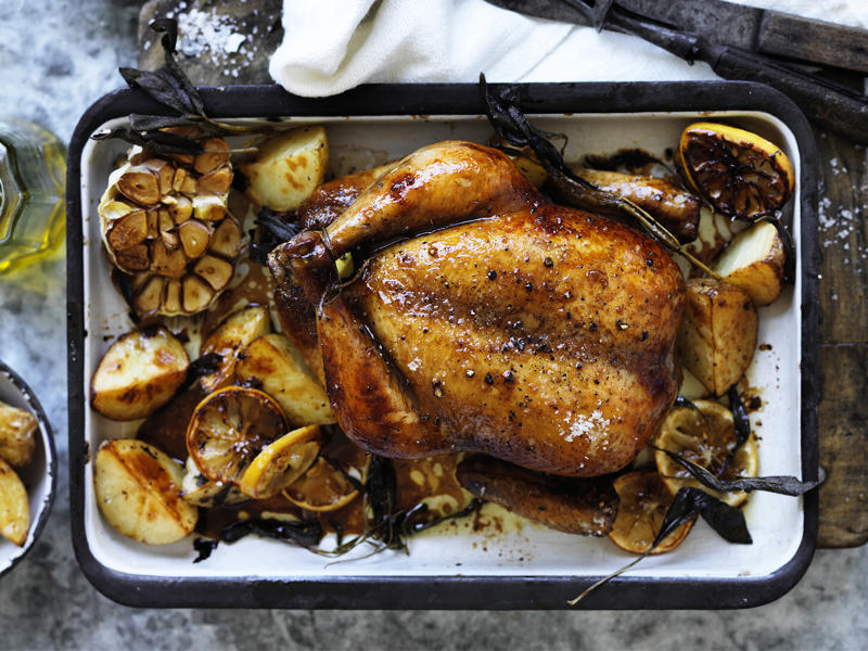 How to tell if your roast chicken is cooked,          Garlic butter roast chicken with heirloom tomatoes      ,          Best-ever air fryer roast chicken      ,          Roast chicken with cheesy green polenta      ,          Butterflied soy and ginger chicken      ,          Classic roast chicken with gravy      ,          Air fryer roast chicken with secret herbs and spices      ,          Chicken and artichoke pot roast      ,          French-style roast chicken      ,          Butterflied roast chicken with leek      ,          Roasted sumac chicken with baby vegetables      ,          Classic roast chicken      ,          Chicken in a pot      ,          Asian-style roast chicken      ,          Spanish-style roast chicken      ,          Cajun roast chicken with corn cream      ,          Moroccan roast chicken and cauliflower      ,          Tea brined roasted chicken      ,          Roast chicken with lemon and garlic      ,          Mustard roast chicken      ,          Paprika roast chicken with corn and polenta stuffing      ,          Roast chicken for two      ,          Roasted lemon thyme chicken      ,          Roast chicken with 40 cloves of garlic      ,          Tarragon roast chicken with crispy potatoes      ,          Garlic and oregano roast chicken      ,          Roast chicken with garlic potatoes and rosemary      ,          Lemon thyme and chilli roast chicken      ,          Roast chicken with broad beans and lemon      , Sides for your roast chicken dinner