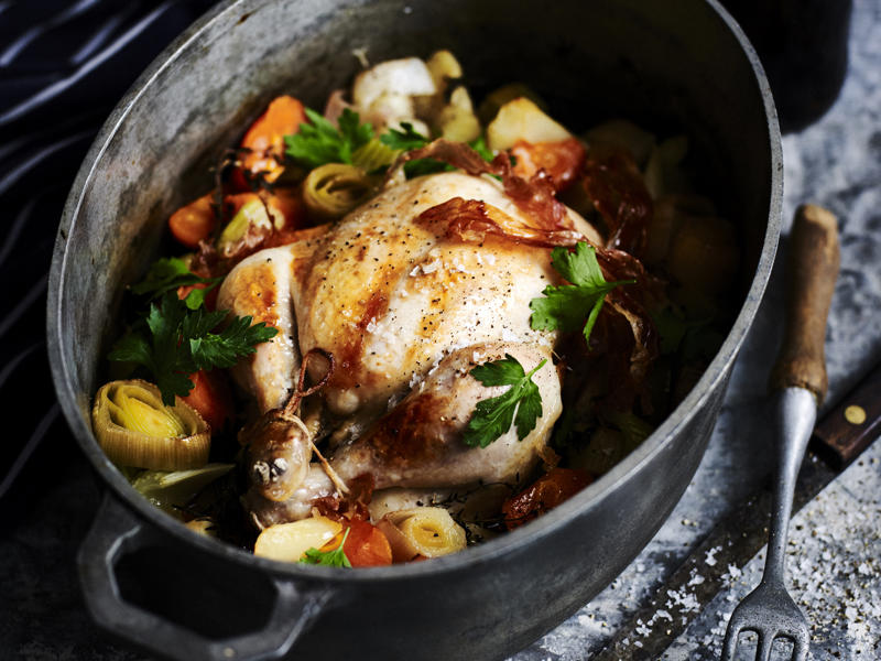 How to tell if your roast chicken is cooked,          Garlic butter roast chicken with heirloom tomatoes      ,          Best-ever air fryer roast chicken      ,          Roast chicken with cheesy green polenta      ,          Butterflied soy and ginger chicken      ,          Classic roast chicken with gravy      ,          Air fryer roast chicken with secret herbs and spices      ,          Chicken and artichoke pot roast      ,          French-style roast chicken      ,          Butterflied roast chicken with leek      ,          Roasted sumac chicken with baby vegetables      ,          Classic roast chicken      ,          Chicken in a pot      ,          Asian-style roast chicken      ,          Spanish-style roast chicken      ,          Cajun roast chicken with corn cream      ,          Moroccan roast chicken and cauliflower      ,          Tea brined roasted chicken      ,          Roast chicken with lemon and garlic      ,          Mustard roast chicken      ,          Paprika roast chicken with corn and polenta stuffing      ,          Roast chicken for two      ,          Roasted lemon thyme chicken      ,          Roast chicken with 40 cloves of garlic      ,          Tarragon roast chicken with crispy potatoes      ,          Garlic and oregano roast chicken      ,          Roast chicken with garlic potatoes and rosemary      ,          Lemon thyme and chilli roast chicken      ,          Roast chicken with broad beans and lemon      , Sides for your roast chicken dinner