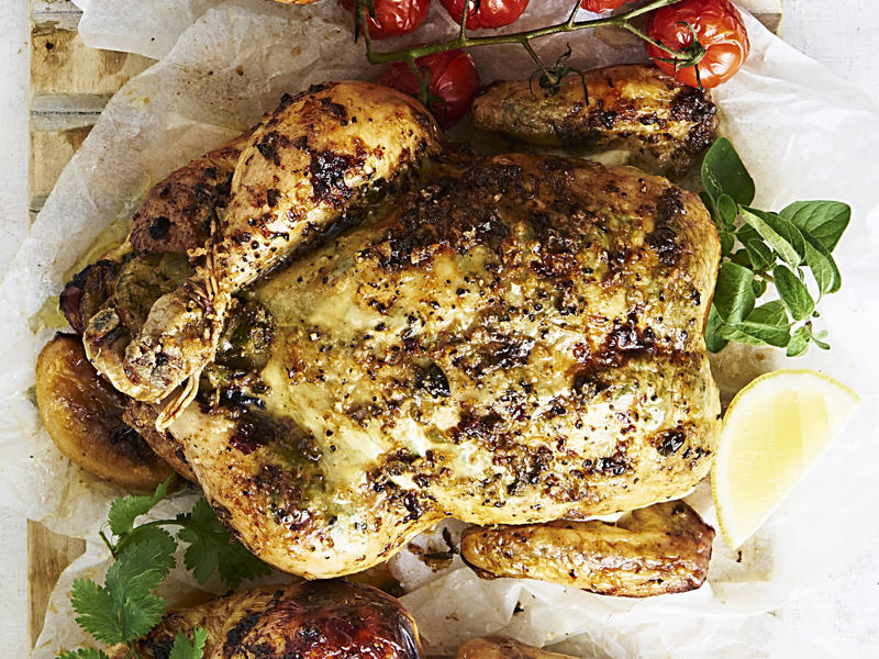 How to tell if your roast chicken is cooked,          Garlic butter roast chicken with heirloom tomatoes      ,          Best-ever air fryer roast chicken      ,          Roast chicken with cheesy green polenta      ,          Butterflied soy and ginger chicken      ,          Classic roast chicken with gravy      ,          Air fryer roast chicken with secret herbs and spices      ,          Chicken and artichoke pot roast      ,          French-style roast chicken      ,          Butterflied roast chicken with leek      ,          Roasted sumac chicken with baby vegetables      ,          Classic roast chicken      ,          Chicken in a pot      ,          Asian-style roast chicken      ,          Spanish-style roast chicken      ,          Cajun roast chicken with corn cream      ,          Moroccan roast chicken and cauliflower      ,          Tea brined roasted chicken      ,          Roast chicken with lemon and garlic      ,          Mustard roast chicken      ,          Paprika roast chicken with corn and polenta stuffing      ,          Roast chicken for two      ,          Roasted lemon thyme chicken      ,          Roast chicken with 40 cloves of garlic      ,          Tarragon roast chicken with crispy potatoes      ,          Garlic and oregano roast chicken      ,          Roast chicken with garlic potatoes and rosemary      ,          Lemon thyme and chilli roast chicken      ,          Roast chicken with broad beans and lemon      , Sides for your roast chicken dinner