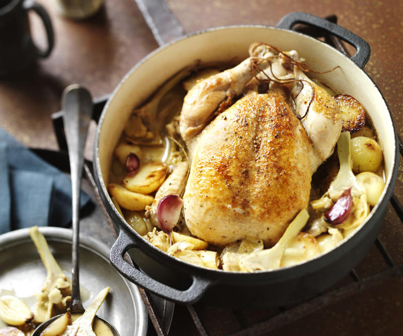 How to tell if your roast chicken is cooked,          Garlic butter roast chicken with heirloom tomatoes      ,          Best-ever air fryer roast chicken      ,          Roast chicken with cheesy green polenta      ,          Butterflied soy and ginger chicken      ,          Classic roast chicken with gravy      ,          Air fryer roast chicken with secret herbs and spices      ,          Chicken and artichoke pot roast      ,          French-style roast chicken      ,          Butterflied roast chicken with leek      ,          Roasted sumac chicken with baby vegetables      ,          Classic roast chicken      ,          Chicken in a pot      ,          Asian-style roast chicken      ,          Spanish-style roast chicken      ,          Cajun roast chicken with corn cream      ,          Moroccan roast chicken and cauliflower      ,          Tea brined roasted chicken      ,          Roast chicken with lemon and garlic      ,          Mustard roast chicken      ,          Paprika roast chicken with corn and polenta stuffing      ,          Roast chicken for two      ,          Roasted lemon thyme chicken      ,          Roast chicken with 40 cloves of garlic      ,          Tarragon roast chicken with crispy potatoes      ,          Garlic and oregano roast chicken      ,          Roast chicken with garlic potatoes and rosemary      ,          Lemon thyme and chilli roast chicken      ,          Roast chicken with broad beans and lemon      , Sides for your roast chicken dinner