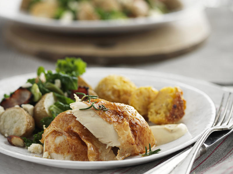 How to tell if your roast chicken is cooked,          Garlic butter roast chicken with heirloom tomatoes      ,          Best-ever air fryer roast chicken      ,          Roast chicken with cheesy green polenta      ,          Butterflied soy and ginger chicken      ,          Classic roast chicken with gravy      ,          Air fryer roast chicken with secret herbs and spices      ,          Chicken and artichoke pot roast      ,          French-style roast chicken      ,          Butterflied roast chicken with leek      ,          Roasted sumac chicken with baby vegetables      ,          Classic roast chicken      ,          Chicken in a pot      ,          Asian-style roast chicken      ,          Spanish-style roast chicken      ,          Cajun roast chicken with corn cream      ,          Moroccan roast chicken and cauliflower      ,          Tea brined roasted chicken      ,          Roast chicken with lemon and garlic      ,          Mustard roast chicken      ,          Paprika roast chicken with corn and polenta stuffing      ,          Roast chicken for two      ,          Roasted lemon thyme chicken      ,          Roast chicken with 40 cloves of garlic      ,          Tarragon roast chicken with crispy potatoes      ,          Garlic and oregano roast chicken      ,          Roast chicken with garlic potatoes and rosemary      ,          Lemon thyme and chilli roast chicken      ,          Roast chicken with broad beans and lemon      , Sides for your roast chicken dinner