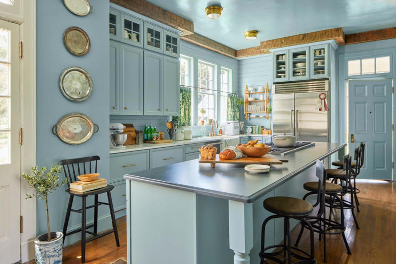 Seapearl by Benjamin Moore, Pigeon by Farrow & Ball, Lichen by Farrow & Ball, Swiss Coffee by Behr, Dutch Tile Blue by Sherwin-Williams