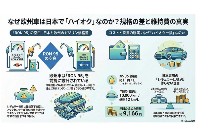 ガソリン規格の国際差と流通構造のずれ, 燃料規格差が生む制御前提の違いと投資判断, オクタン価が決める燃焼安定性と制御余力, ダウンサイジングターボと高オクタン燃料依存の構造, 電動化加速と個別対応コストの限界, 燃料差コストと欧州車選択の継続性, エンジン特性とブランド価値の重なり