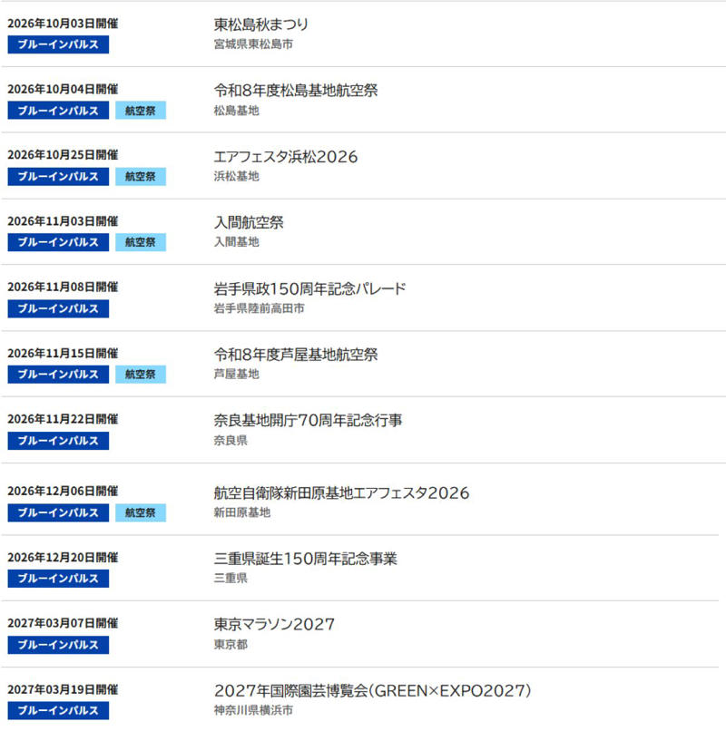 2026年度ブルーインパルスの展示飛行スケジュールが決定！, 復興の祈りを込めて、4月11日熊本からスタート, 注目は2027年3月！「東京マラソン」と「国際園芸博覧会」, ランナーへエールを送る20回記念の「東京マラソン2027」, 花と緑の祭典を彩る「GREEN EXPO 2027」, 全国各地の航空祭も目白押し！鉄道での基地アクセスも要チェック, 渋滞回避！鉄道利用でスマートに航空祭へ, ブルーインパルス展示飛行 2026年度の開催一覧