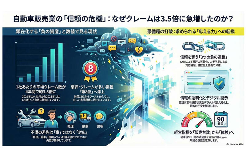 自動車販売店におけるクレーム急増, 問題は「車」ではなく「対応」, 悪評増加の背景要因, 通信業・宿泊業との共通点, 見えないコストの膨張, 反転の方法は「抑制ループ」の構築, 「売る力」より「応える力」