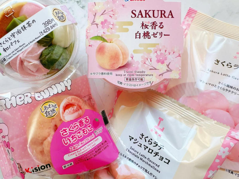 エスターバニーにキュン♡「さくら香るいちごもこ」, 春を感じる贅沢和パフェ「さくらと宇治抹茶の和パフェ」, さくら香るもちもちミニ大福「さくらラテ大福」, ふんわりやわらかな癒し系♡「さくらラテ マシュマロチョコ」, すっきり優しい春の味「桜香る白桃ゼリー」, 今だけの贅沢な味わい♡推しの“さくらスイーツ”見つけちゃお！