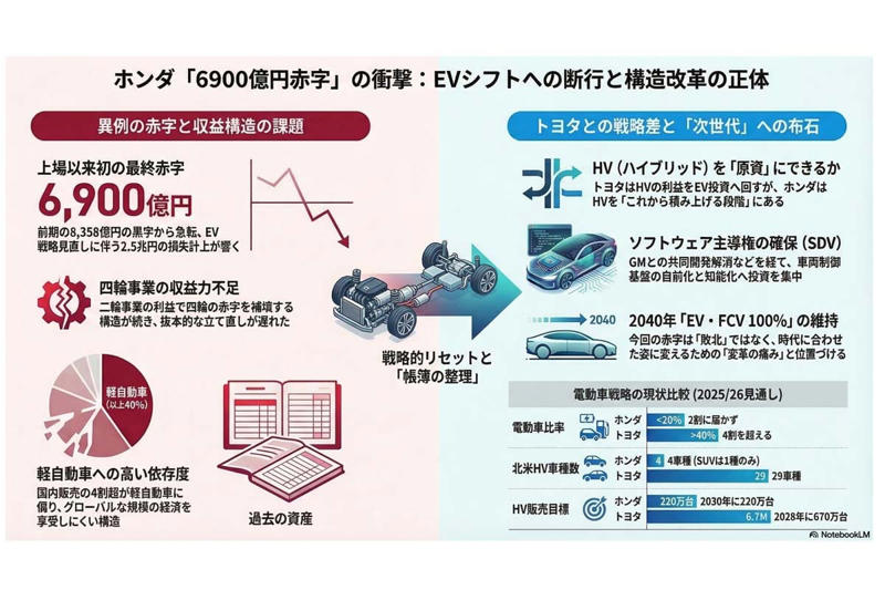 ホンダ初の最終赤字、2.5兆円損失の正体, 足元で稼ぐ手段が不足していたホンダ, トヨタとの戦略的差, HV重視への転換, 市場後退と技術革新の非同期, ホンダの「EV失敗論」は事実誤認