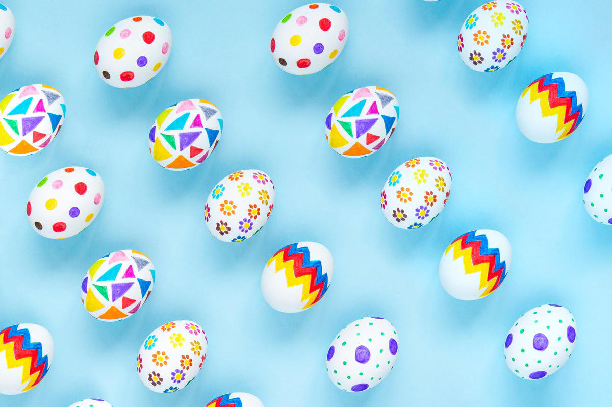 Polka-Dot Easter Eggs, Cross Stitch Eggs, Paint Marker Easter Eggs, Watercolor Easter Eggs, Gingham Easter Egg, Confetti Painted Eggs, Two-Tone Painted Easter Eggs, Lettuce Eggs, Emoji Easter Eggs, Painted Patterns, Graphic Black-and-White Eggs