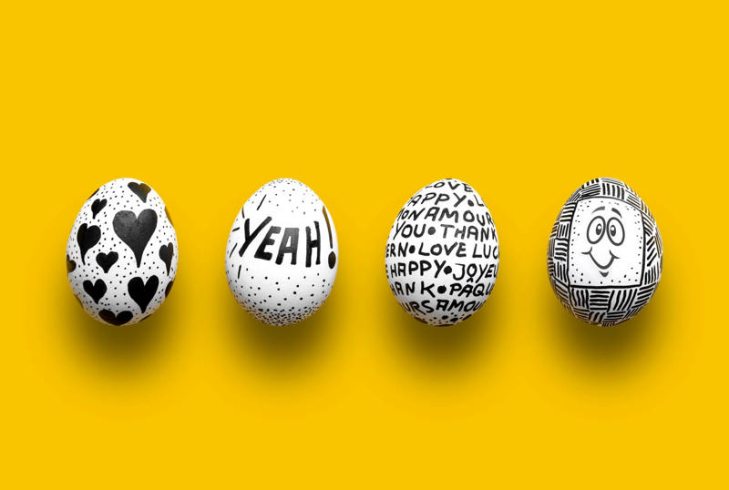 Polka-Dot Easter Eggs, Cross Stitch Eggs, Paint Marker Easter Eggs, Watercolor Easter Eggs, Gingham Easter Egg, Confetti Painted Eggs, Two-Tone Painted Easter Eggs, Lettuce Eggs, Emoji Easter Eggs, Painted Patterns, Graphic Black-and-White Eggs