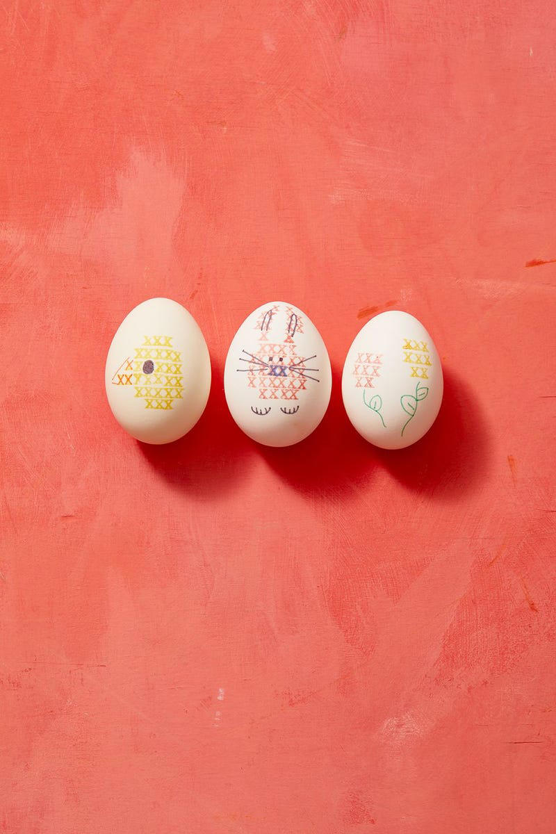 Polka-Dot Easter Eggs, Cross Stitch Eggs, Paint Marker Easter Eggs, Watercolor Easter Eggs, Gingham Easter Egg, Confetti Painted Eggs, Two-Tone Painted Easter Eggs, Lettuce Eggs, Emoji Easter Eggs, Painted Patterns, Graphic Black-and-White Eggs