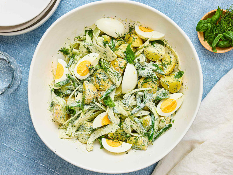 Make-Ahead Chickpea Salad With Cumin and Celery, Pea, Olive, and Preserved Lemon Salad, Green Goddess Potato Salad, Quick-Pickled Asparagus With Tarragon and Shallot, Easy Make-Ahead Carrot and Chickpea Salad With Dill and Pumpkin Seeds, Lemon Thyme Couscous Salad, Quick-Pickled Snap Peas With Mint and Fennel, Warm Farro Salad With Asparagus, Peas, and Feta, Kkakdugi (Radish Kimchi), Moroccan Roasted Carrot and Date Salad With Honey Dressing