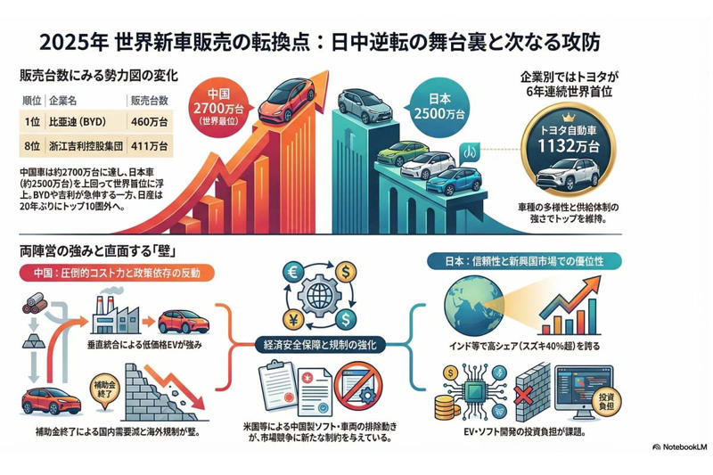順位が語らない実態, 中国車が強さを発揮する条件, 中国車の勢いが落ちる条件, 日本車が優位を保つ条件, 日本車が苦戦する条件, EVとエンジンの決着がつかない理由, 保護主義が正当化される条件, 保護主義が逃げ道になる条件, 産業を変える地政学, ひとつではない答え