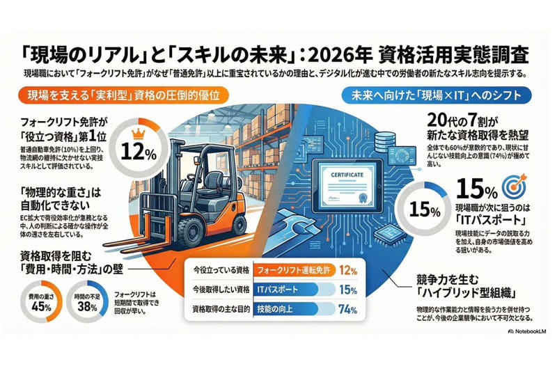 物流現場における資格の実効性, 物流網に残る物理制約, 資格取得に立ちはだかる壁, 資格取得意欲の高まり, 技能と知識を兼ね備えた人材価値