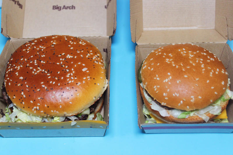 There was also a slight price difference. The size difference between the two burgers was obvious right away., There was also a slight price difference., I tried the Big Mac first, even though I'd had it before., I'm typically not a huge fan of the Big Mac., I was underwhelmed by the Big Mac during this taste test, too., The Big Arch felt like McDonald's answer to a "premium" burger., The Big Arch came on a sesame seed-poppy seed bun., This burger was tasty and beyond savory.