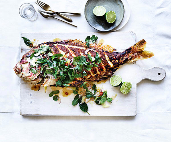 Three Blue Ducks’ barbecued whole fish with lemongrass and lime leaves , La Casita’s whole barbecued fish with sour-orange glaze , Whole snapper with orange and pistachio sauce , Barbecued barramundi with macadamia romesco , Paul Carmichael’s Creole fish , Snapper and clams en papillote with tarragon beurre blanc , Bar Rochford’s garfish with sauce chien and habanero , Monique Fiso’s grilled fish with herb dressing , Deep-fried coral trout with sambal belacan , Whole snapper roasted with curry flavours , Barbecued lemongrass snapper with pomelo and herb salad , Barbecued snapper in banana leaves with sambal belacan , David Moyle’s John Dory with herb butter , Baked golden trout with roe , Jerk-rubbed barramundi with dirty rice , Roasted gurnard with smoky eggplant, farro and boiled lemon , David Moyle’s flounder with cultured butter and lemon leaves , Ricky & Pinky’s steamed snapper with coriander and ginger , Grilled John Dory with zucchini and frisée salad , Roast whole dory with caramelised garlic and crushed black pepper , Whole whiting roasted with tomato, lemon and young garlic , River Cafe’s whole roasted fish with potatoes (Pesce intero al forno) , Whole barbecued fish with chilli and peach salsa , Whole fish FAQs