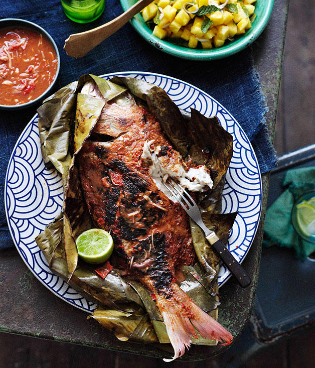 Three Blue Ducks’ barbecued whole fish with lemongrass and lime leaves , La Casita’s whole barbecued fish with sour-orange glaze , Whole snapper with orange and pistachio sauce , Barbecued barramundi with macadamia romesco , Paul Carmichael’s Creole fish , Snapper and clams en papillote with tarragon beurre blanc , Bar Rochford’s garfish with sauce chien and habanero , Monique Fiso’s grilled fish with herb dressing , Deep-fried coral trout with sambal belacan , Whole snapper roasted with curry flavours , Barbecued lemongrass snapper with pomelo and herb salad , Barbecued snapper in banana leaves with sambal belacan , David Moyle’s John Dory with herb butter , Baked golden trout with roe , Jerk-rubbed barramundi with dirty rice , Roasted gurnard with smoky eggplant, farro and boiled lemon , David Moyle’s flounder with cultured butter and lemon leaves , Ricky & Pinky’s steamed snapper with coriander and ginger , Grilled John Dory with zucchini and frisée salad , Roast whole dory with caramelised garlic and crushed black pepper , Whole whiting roasted with tomato, lemon and young garlic , River Cafe’s whole roasted fish with potatoes (Pesce intero al forno) , Whole barbecued fish with chilli and peach salsa , Whole fish FAQs