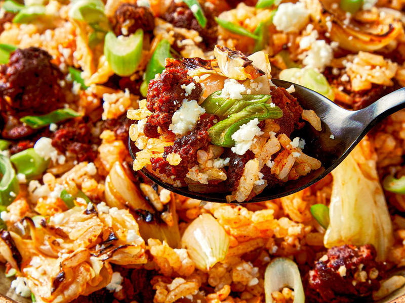 Easy Mexican Chorizo Tacos, Chicken Enchiladas Negras, Spicy Chicken Quesadillas, Easy Mexican Fried Rice With Chorizo and Pickled Jalapeños, Crunchy Fried Fish Tacos, Quick and Easy Huevos Rancheros, Mexican Street Corn Salad (Esquites), Spicy Mexican Shrimp Pasta, Sweet Potato, Sage, and Fried Egg Tacos, 5-Ingredient Black Bean Soup