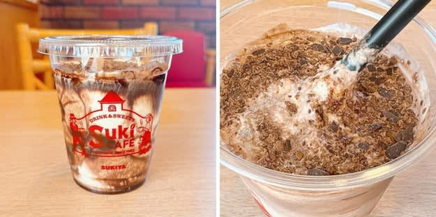 すき家で「絶品シェイク」が楽しめます！, チョコ好きにはたまらないビジュアル！, ひと口目からチョコが主役！想像より濃厚な味わいです。, 甘すぎないミルキー感で、最後まで飲みやすい。, チョコチップとクランチがいいアクセント。, レトロなカップデザインも素敵！, シェイクだけまた飲みに行きたい！, チョコ好きなら、シャトレーゼの「ショコラパンケーキ」もおすすめです！, チョコクリームとチョコソースが絶妙にマッチ！