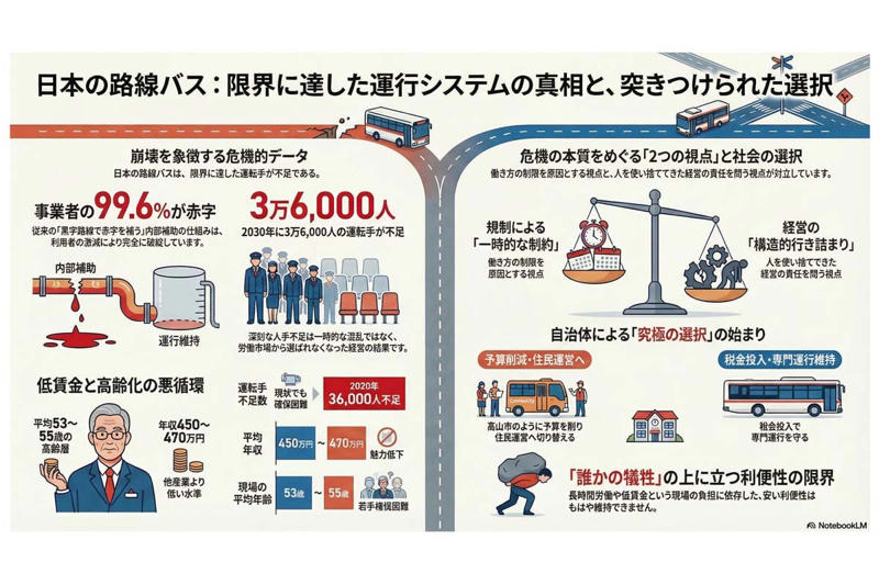 赤字常態化の構造, 供給制約をめぐる見方, 待遇水準と現場の高齢化, 利用者減と収入の縮小, 需要動向と人手不足, 持続できない運営手法, 運賃と公費の行方