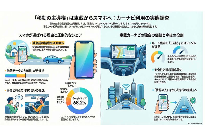 車内ナビから外部環境への移行, 操作負担が生む利用差, 更新の速さが左右する価値, 収益構造の変化と無料アプリの台頭, 位置精度を支える車両連携の強み