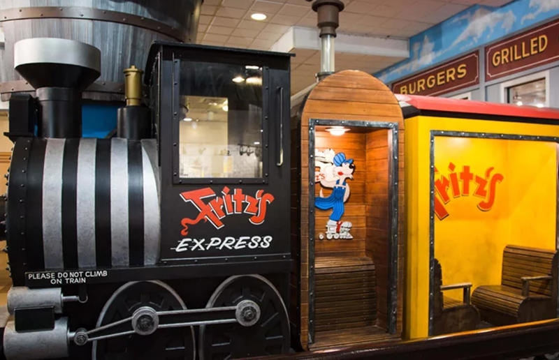 Kansas: Fritz's Railroad Restaurant, Kansas City Out-of-the-ordinary restaurants, Alabama: Rattlesnake Saloon, Tuscumbia, Alaska: The Hangar on the Wharf, Juneau, Arizona: Salt Cellar Restaurant, Scottsdale, Arkansas: Flying Fish, Little Rock, California: Tonga Room & Hurricane Bar, San Francisco, California: Carney's, Los Angeles, Colorado: The Airplane Restaurant, Colorado Springs, Connecticut: Traveler Restaurant, Union, Delaware: Jessop's Tavern, New Castle, District of Columbia: Sax Restaurant & Lounge, Washington DC, Florida: Sci-Fi Dine-In Theater, Orlando, Florida: The Bubble Room, Captiva, Georgia: The Varsity, Atlanta, Hawaii: Mama's Fish House, Maui, Idaho: Pioneer Saloon, Ketchum, Illinois: Frontier, Chicago, Indiana: Industrial Revolution Eatery & Grille, Valparaiso, Iowa: Zombie Burger, Des Moines, Kansas: Fritz's Railroad Restaurant, Kansas City, Kentucky: Jailhouse Pizza, Brandenburg, Louisiana: Commander's Palace, New Orleans, Maine: Palace Diner, Biddeford, Maryland: Beans in the Belfry, Brunswick, Massachusetts: Gibbet Hill Grill, Groton, Michigan: Bavarian Inn Restaurant & Lodge, Frankenmuth, Minnesota: Choo Choo Restaurant & Bar, Loretto, Mississippi: Mary Mahoney's, Biloxi, Missouri: Lambert's Cafe, Sikeston, Montana: Sip ‘n Dip Lounge, Great Falls, Nebraska: Brother Sebastian's Steak House & Winery, Omaha, Nevada: Heart Attack Grill, Las Vegas, New Hampshire: The Little Red Schoolhouse, West Campton, New Jersey: Medieval Times, Lyndhurst, New Mexico: Saggio's, Albuquerque, New York: Ellen's Stardust Diner, New York City, New York: The Cabin, New York City, North Carolina: Lancaster's BBQ, Mooresville and Huntersville, North Dakota: Space Aliens, Bismarck, Ohio: Tackle Box 2, Fremont, Oklahoma: Amish Country Store & Restaurant, Muskogee, Oregon: Voodoo Doughnut, Portland, Pennsylvania: Catacombs at Bube’s Brewery, Mount Joy, Rhode Island: Ogie's Trailer Park, Providence, South Carolina: Pirates Voyage, Myrtle Beach, South Dakota: Cheyenne Crossing, Lead, Tennessee: Aquarium Restaurant, Nashville, Texas: Harvey Washbangers, College Station, Texas: The Magic Time Machine, Dallas and San Antonio, Utah: The Yurt at Solitude, Solitude Mountain Resort, Vermont: Garden of Eatin’ Cafe, Williston, Virginia: Gadsby's Tavern Restaurant, Alexandria, Washington: Bors Hede Inne, Carnation, West Virginia: HillBilly Hot Dogs, Lesage, Wisconsin: SafeHouse, Milwaukee