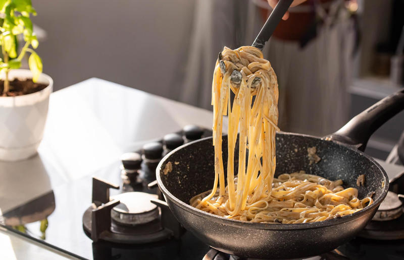 Add pasta to the sauce, not the other way around 37. Throwing out leftover pasta, 36. Struggling with pre-made cannelloni tubes, 35. Boiling dried pasta straight from the packet, 34. Flavouring your water, 33. Not considering your altitude, 32. Using the wrong flour, 31. Buying low-quality pasta, 30. Not kneading your pasta dough, 29. Allowing your dough to dry out, 28. Using eggs in all types of dough, 27. Using cold pasta in salads, 26. Neglecting to toss leftover pasta in oil, 25. Overcooking filled pasta, 24. Underfilling pasta, 23. Breaking spaghetti, 22. Reheating your pasta wrong, 21. Using cream when making carbonara, 20. Treating gluten-free pasta like regular pasta, 19. Using a spoon to twirl long pasta, 18. Always using a pasta maker, 17. Choosing the wrong pasta shapes, 16. Overlooking simple recipes, 15. Rinsing your pasta, 14. Throwing pasta at the wall, 13. Guessing how much pasta you need, 12. Using a pot that's too small, 11. Overcooking pasta, 10. Using a colander to strain pasta, 9. Pre-soaking lasagne sheets, 8. Not adding salt to pasta water, 7. Or adding too much salt, 6. Rushing your sauces, 5. Adding oil to pasta water, 4. Not testing your pasta before the cooking time is over, 3. Putting pasta in water that's not yet boiled, 2. Adding sauce to pasta, not the other way around
