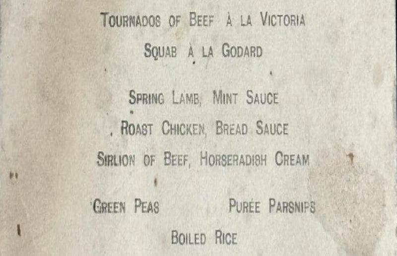 A first-class feast Menus from the most fateful voyage in history, A rare piece of menu memorabilia, A first-class feast, Why are we so fascinated?, Titanic provisions: what food came onboard, Life for third-class passengers, Dining in third-class, A third-class breakfast, A third-class lunch, Tea and supper, The last meals eaten by third-class passengers, Life for second-class passengers, Dining in second-class, A second-class breakfast, A second-class lunch, The last meal eaten by second-class passengers, Life for first-class passengers, Dining in first class, A first-class breakfast, A first-class lunch, The last meal eaten by first-class passengers, Titanic menus are worth a fortune today, A grand commemoration dinner, Taste the Titanic's cuisine today, Still intrigued? Read more…
