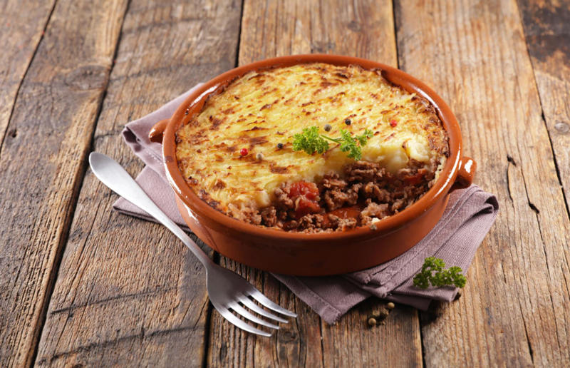 10. Shepherd's pie, UK and Ireland 29. Tortilla de patatas, Spain, 28. Dublin coddle, Ireland, 27. Meatballs, Sweden, 26. Pierogi, Poland, 25. Wiener schnitzel, Austria, 24. Cheese fondue, Switzerland, 23. Bitterballen, Netherlands, 22. Congee, China, 21. Beef stroganoff, Russia, 20. Goulash, Hungary, 19. Sopa Azteca, Mexico, 18. Shakshuka, North Africa, 17. Spätzle, Germany, 16. Khichdi, India, 15. Bobotie, South Africa, 14. Feijoada, Brazil, 13. Kimchi-jjigae, South Korea, 12. Meat pies, Australia, 11. Poutine, Canada, 10. Shepherd's pie, UK and Ireland, 9. Koshary, Egypt, 8. Mac 'n' cheese, USA, 7. Curry udon, Japan, 6. Borscht, Ukraine, 5. Moussaka, Greece, 4. Onion soup, France, 3. Fish and chips, UK, 2. Grilled cheese sandwich, USA