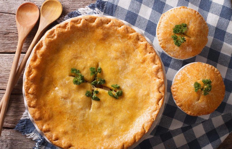 26. Butter pie, England 34. Stargazy pie, England, UK, 33. Borek, various locations, 32. Saskatoon berry pie, Canada, 31. Butter pie, England, UK, 30. Vlaai, Netherlands, 29. Zelnik, Bulgaria and North Macedonia, 28. Egyptian goulash, Egypt, 27. Peach pie, USA, 26. Kreatopita, Greece, 25. Scotch pie, Scotland, UK, 24. Empadão de frango, Brazil, 23. Pepper steak pie, South Africa, 22. Limonnik, Russia, 21. Pork pie, England, UK, 20. Bündner Nusstorte, Switzerland, 19. Penovani khachapuri, Georgia, 18. Empanada gallega, Spain, 17. Steak and Guinness pie, Ireland, 16. Geraardsbergse mattentaart, Belgium, 15. Pâté chaud, Vietnam, 14. Mince pie, various locations, 13. Bacon and egg pie, England, UK and New Zealand, 12. Pastilla, North Africa, 11. Pithivier, France, 10. Pot pie, Canada, UK and USA, 9. Torta pasqualina, Italy, 8. Cherry pie, USA, 7. Coulibiac, France and Russia, 6. Buko pie, Philippines, 5. Tourtière, Canada, 4. Spanakopita, Cyprus and Greece, 3. Steak and kidney pie, UK, 2. Meat pie, Australia and New Zealand