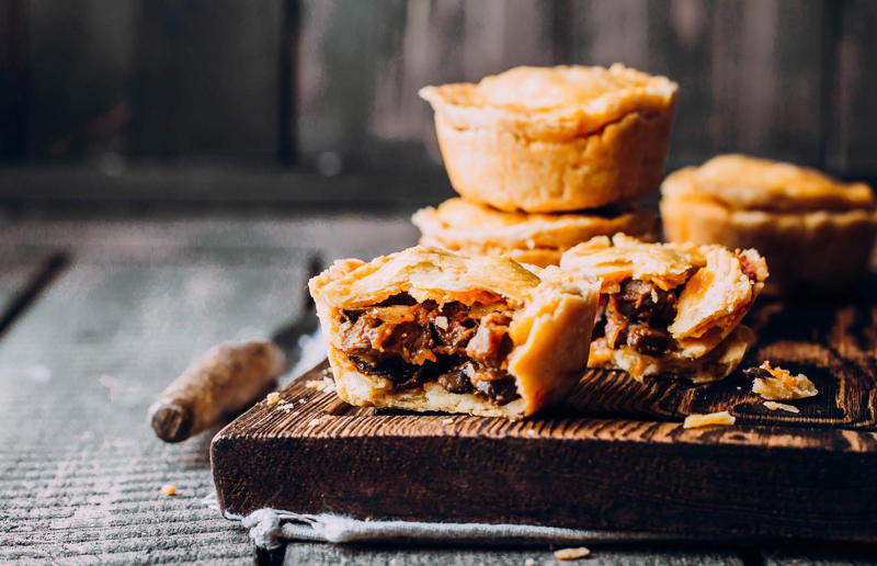 2. Meat pie, Australia and New Zealand 34. Stargazy pie, England, UK, 33. Borek, various locations, 32. Saskatoon berry pie, Canada, 31. Butter pie, England, UK, 30. Vlaai, Netherlands, 29. Zelnik, Bulgaria and North Macedonia, 28. Egyptian goulash, Egypt, 27. Peach pie, USA, 26. Kreatopita, Greece, 25. Scotch pie, Scotland, UK, 24. Empadão de frango, Brazil, 23. Pepper steak pie, South Africa, 22. Limonnik, Russia, 21. Pork pie, England, UK, 20. Bündner Nusstorte, Switzerland, 19. Penovani khachapuri, Georgia, 18. Empanada gallega, Spain, 17. Steak and Guinness pie, Ireland, 16. Geraardsbergse mattentaart, Belgium, 15. Pâté chaud, Vietnam, 14. Mince pie, various locations, 13. Bacon and egg pie, England, UK and New Zealand, 12. Pastilla, North Africa, 11. Pithivier, France, 10. Pot pie, Canada, UK and USA, 9. Torta pasqualina, Italy, 8. Cherry pie, USA, 7. Coulibiac, France and Russia, 6. Buko pie, Philippines, 5. Tourtière, Canada, 4. Spanakopita, Cyprus and Greece, 3. Steak and kidney pie, UK, 2. Meat pie, Australia and New Zealand