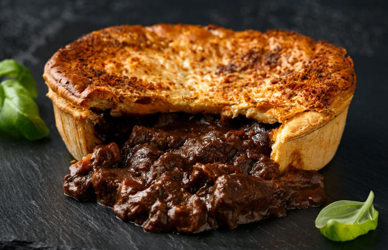 3. Steak and kidney pie, UK 34. Stargazy pie, England, UK, 33. Borek, various locations, 32. Saskatoon berry pie, Canada, 31. Butter pie, England, UK, 30. Vlaai, Netherlands, 29. Zelnik, Bulgaria and North Macedonia, 28. Egyptian goulash, Egypt, 27. Peach pie, USA, 26. Kreatopita, Greece, 25. Scotch pie, Scotland, UK, 24. Empadão de frango, Brazil, 23. Pepper steak pie, South Africa, 22. Limonnik, Russia, 21. Pork pie, England, UK, 20. Bündner Nusstorte, Switzerland, 19. Penovani khachapuri, Georgia, 18. Empanada gallega, Spain, 17. Steak and Guinness pie, Ireland, 16. Geraardsbergse mattentaart, Belgium, 15. Pâté chaud, Vietnam, 14. Mince pie, various locations, 13. Bacon and egg pie, England, UK and New Zealand, 12. Pastilla, North Africa, 11. Pithivier, France, 10. Pot pie, Canada, UK and USA, 9. Torta pasqualina, Italy, 8. Cherry pie, USA, 7. Coulibiac, France and Russia, 6. Buko pie, Philippines, 5. Tourtière, Canada, 4. Spanakopita, Cyprus and Greece, 3. Steak and kidney pie, UK, 2. Meat pie, Australia and New Zealand