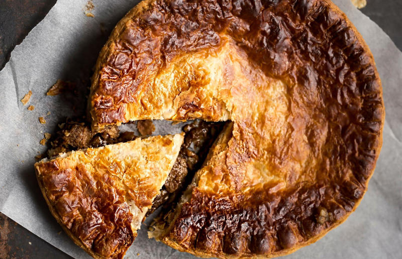 15. Steak and Guinness pie, Ireland 34. Stargazy pie, England, UK, 33. Borek, various locations, 32. Saskatoon berry pie, Canada, 31. Butter pie, England, UK, 30. Vlaai, Netherlands, 29. Zelnik, Bulgaria and North Macedonia, 28. Egyptian goulash, Egypt, 27. Peach pie, USA, 26. Kreatopita, Greece, 25. Scotch pie, Scotland, UK, 24. Empadão de frango, Brazil, 23. Pepper steak pie, South Africa, 22. Limonnik, Russia, 21. Pork pie, England, UK, 20. Bündner Nusstorte, Switzerland, 19. Penovani khachapuri, Georgia, 18. Empanada gallega, Spain, 17. Steak and Guinness pie, Ireland, 16. Geraardsbergse mattentaart, Belgium, 15. Pâté chaud, Vietnam, 14. Mince pie, various locations, 13. Bacon and egg pie, England, UK and New Zealand, 12. Pastilla, North Africa, 11. Pithivier, France, 10. Pot pie, Canada, UK and USA, 9. Torta pasqualina, Italy, 8. Cherry pie, USA, 7. Coulibiac, France and Russia, 6. Buko pie, Philippines, 5. Tourtière, Canada, 4. Spanakopita, Cyprus and Greece, 3. Steak and kidney pie, UK, 2. Meat pie, Australia and New Zealand