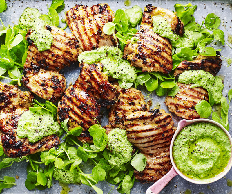Air fryer chicken skewers with roast vegetables , Julie Goodwin’s chicken stroganoff , Julie Goodwin’s chicken & leek pie with potato bake topping , Yoghurt marinated chicken with plum & chickpea salad , Julie Goodwin’s Spanish chicken , One pot chicken and rice , Julie Goodwin’s char siu chicken with egg fried rice , BBQ chicken thighs , Soy and sriracha air fryer chicken thighs , Yellow curry chicken cottage pie , Chicken stir fry with zucchini noodles , Pulled chicken fajitas with cheesy toppings , Chicken fricassee with mushroom and leek , Chicken, zucchini and freekeh soup , Barbecued chermoula chicken with pea puree , Slow-cooker butter chicken , Karaage chicken with Sriracha mayonnaise , Hot and spicy chicken curry , Paprika chicken , Chicken, pumpkin and apricot tagine , Vietnamese lemongrass chicken bowl , Sweet and sour chicken , Chicken and sage tray bake , Portuguese-style chicken thighs , Curried chicken pie , Chicken thigh fillets with salsa verde , Creamy lemon thyme chicken , Chicken, lentil and pumpkin curry , Quick chicken satay , Chicken, chorizo and okra gumbo , Chicken and spinach noodles , Watch Julie Goodwin make her one pan Spanish chicken thighs with potatoes