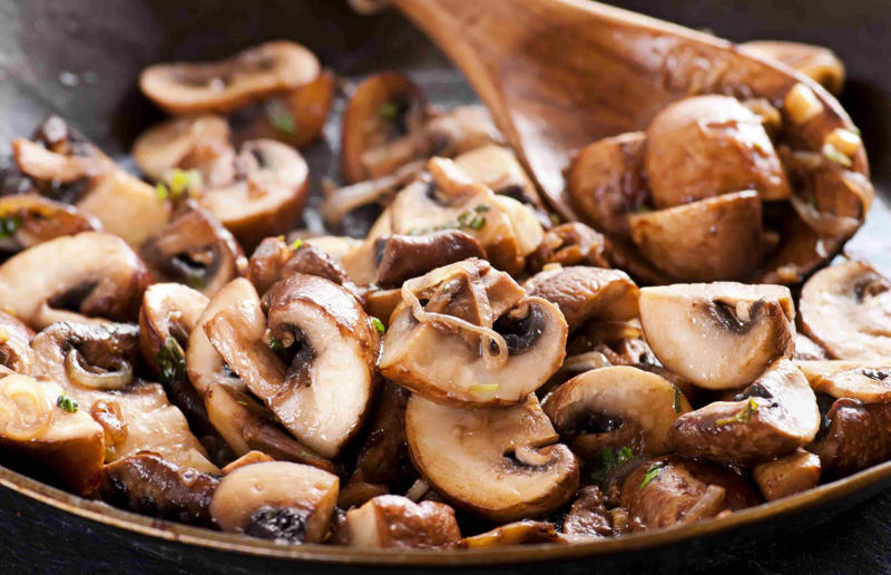 18. You shouldn’t crowd mushrooms in a pan 29. Broccoli contains more protein than steak, 28. Keeping the pit in an avocado will prevent it from browning, 27. If a soup is too salty, you should add a peeled raw potato, 26. Beaver butt secretions are used in all artificial vanilla products, 25. The longer you marinate meat, the better, 24. American cheese was invented in the USA, 23. You shouldn't cook tomatoes in a cast-iron pan, 22. You should always sift your flour for baking, 21. Turkey makes you sleepy, 20. Drinking milk prevents bone fractures, 19. You shouldn’t cook with extra-virgin olive oil, 18. You shouldn’t crowd mushrooms in a pan, 17. You shouldn't wash mushrooms, 16. Alcohol burns off during cooking, 15. Raw vegetables are healthier than cooked vegetables, 14. KFC uses genetically engineered chickens, 13. The seeds are the spiciest part of a chilli pepper, 12. All wine is vegan, 11. You should wait half an hour after eating before swimming, 10. If you swallow gum, it'll stay in your stomach for seven years, 9. You should wash your chicken, 8. Searing meat keeps the juices in, 7. MSG is bad for you, 6. Eating carrots improves your eyesight, 5. Sharp knives are more likely to cause an injury, 4. You should drink eight glasses of water a day, 3. Chocolate gives you spots, 2. Adding oil to pasta water prevents it from sticking