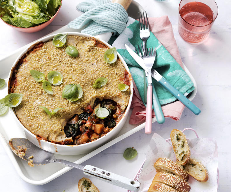 Pumpkin and goat’s cheese lasagne with rocket and pepita , Lentil and kale skillet lasagne , Vegetable lasagne , Char-grilled zucchini and lentil lasagne , Roast pumpkin and spinach lasagne , Cottage cheese lasagne