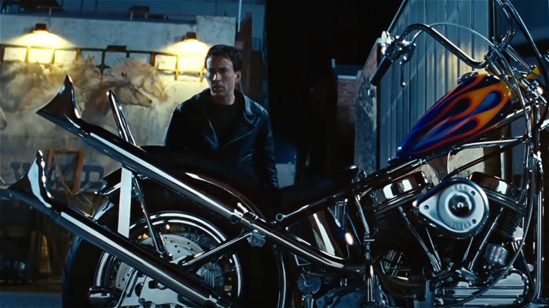 Nicolas Cage on Harley-Davidson Panhead in Ghost Rider, Zed's Harley-Davidson FXR Super Glide Chopper — Pulp Fiction, Chino's Harley-Davidson Hydra-Glide — The Wild One, Johnny Blaze's Harley-Davidson Panhead — Ghost Rider, T-800's Harley-Davidson Fat Boy — Terminator 2, Wyatt's Harley-Davidson Captain America Chopper — Easy Rider, Rocky Balboa's Harley-Davidson FLH 80 — Rocky III, Jax Teller's Harley-Davidson FXD Dyna Super Glide — Sons of Anarchy, Hobbs' Harley-Davidson Softail — Hobbs and Shaw, Captain America's Harley-Davidson WLA Liberator — Captain America: The First Avenger, Fonz's Harley-Davidson Knucklehead — Happy Days