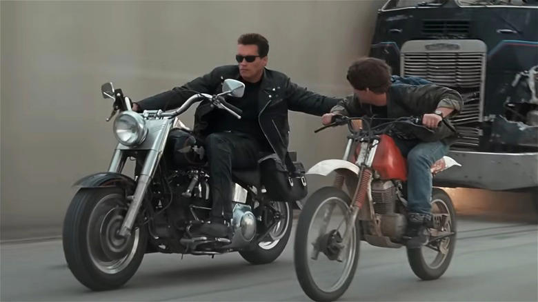Arnold Schwarzenegger on Harley-Davidson Fat Boy in Terminator 2, Zed's Harley-Davidson FXR Super Glide Chopper — Pulp Fiction, Chino's Harley-Davidson Hydra-Glide — The Wild One, Johnny Blaze's Harley-Davidson Panhead — Ghost Rider, T-800's Harley-Davidson Fat Boy — Terminator 2, Wyatt's Harley-Davidson Captain America Chopper — Easy Rider, Rocky Balboa's Harley-Davidson FLH 80 — Rocky III, Jax Teller's Harley-Davidson FXD Dyna Super Glide — Sons of Anarchy, Hobbs' Harley-Davidson Softail — Hobbs and Shaw, Captain America's Harley-Davidson WLA Liberator — Captain America: The First Avenger, Fonz's Harley-Davidson Knucklehead — Happy Days