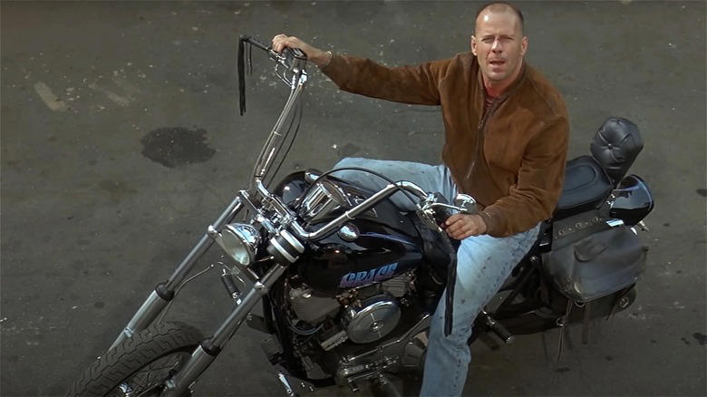Bruce Willis on Harley-Davidson FXR in Pulp Fiction, Zed's Harley-Davidson FXR Super Glide Chopper — Pulp Fiction, Chino's Harley-Davidson Hydra-Glide — The Wild One, Johnny Blaze's Harley-Davidson Panhead — Ghost Rider, T-800's Harley-Davidson Fat Boy — Terminator 2, Wyatt's Harley-Davidson Captain America Chopper — Easy Rider, Rocky Balboa's Harley-Davidson FLH 80 — Rocky III, Jax Teller's Harley-Davidson FXD Dyna Super Glide — Sons of Anarchy, Hobbs' Harley-Davidson Softail — Hobbs and Shaw, Captain America's Harley-Davidson WLA Liberator — Captain America: The First Avenger, Fonz's Harley-Davidson Knucklehead — Happy Days