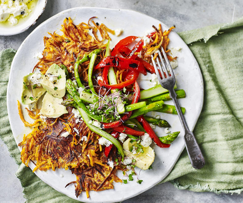 Sweet potato tips, What to serve with sweet potatoes, Choosing and storing tips, Kohlrabi & sweet potato rosti with cashew dip , Sweet potato pizza with fig and pancetta , Slow-cooked pork belly with crushed sweet potato , Sweet potato rösti with haloumi and tomatoes , Pumpkin and sweet potato pie , Tomato, chorizo and sweet potato hotpot , Sweet potato brownies with espresso topping , Roasted sweet potato with green goddess dressing , Air fryer sausages with sweet potato hash browns , Ocean trout salad with edamame miso dressing , Slow cooker chickpea and sweet potato curry , Haloumi schnitzel with sweet potato chips , Lamb neck chop and lentil stew with kumara carrot mash , How to make sweet potato/kumara mash , Sweet potato rösti with roasted vegetables , Sweet potato and tuna rissoles with spicy hummus , Nut-crusted barramundi with spiced kumara wedges , Vegetarian Thai yellow curry , Kumara, prosciutto and smoked mozzarella flatbreads , Kumara rösti with portobello mushrooms , Spiced sweet potatoes with whipped chive butter , Sweet potato, mint and goat’s cheese tartlets , Spiced sweet potato tart , Sweet potato bubble and squeak , Red curry coconut chicken with sweet potato , Healthy kumara and turkey burgers , Beetroot, ricotta, & hazelnut tart with sweet potato pastry , Moroccan fish and chips , Jacket sweet potato sloppy joes , Chicken and kumara sandwiches , Eggplant and sweet potato curry , Spicy kumara sausage rolls , Kumara and ‘chorizo’ tacos , Makrut lime and red curry fish parcels , Broccoli and walnut stuffed sweet potato , Maple gingerbread muffins with kumara butter , Lamb, kumara and almond curry , Creamy lamb, kumara and ginger korma , Sweet potato, pumpkin and potato soup , Dukkah beetroot & kumara skewers , Indian-spiced quinoa cakes with tomatoes , Moroccan sweet potato bake , Roast kumara and pear salad with crunchy chickpeas , Spelt pizza with kumara & goat’s cheese , Do you have recipes for potato salads?, More potato recipes