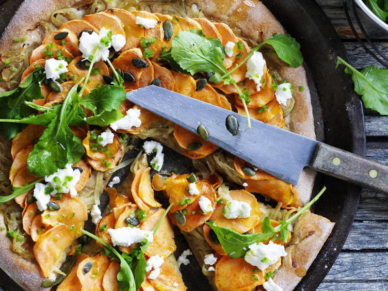 Sweet potato tips, What to serve with sweet potatoes, Choosing and storing tips, Kohlrabi & sweet potato rosti with cashew dip , Sweet potato pizza with fig and pancetta , Slow-cooked pork belly with crushed sweet potato , Sweet potato rösti with haloumi and tomatoes , Pumpkin and sweet potato pie , Tomato, chorizo and sweet potato hotpot , Sweet potato brownies with espresso topping , Roasted sweet potato with green goddess dressing , Air fryer sausages with sweet potato hash browns , Ocean trout salad with edamame miso dressing , Slow cooker chickpea and sweet potato curry , Haloumi schnitzel with sweet potato chips , Lamb neck chop and lentil stew with kumara carrot mash , How to make sweet potato/kumara mash , Sweet potato rösti with roasted vegetables , Sweet potato and tuna rissoles with spicy hummus , Nut-crusted barramundi with spiced kumara wedges , Vegetarian Thai yellow curry , Kumara, prosciutto and smoked mozzarella flatbreads , Kumara rösti with portobello mushrooms , Spiced sweet potatoes with whipped chive butter , Sweet potato, mint and goat’s cheese tartlets , Spiced sweet potato tart , Sweet potato bubble and squeak , Red curry coconut chicken with sweet potato , Healthy kumara and turkey burgers , Beetroot, ricotta, & hazelnut tart with sweet potato pastry , Moroccan fish and chips , Jacket sweet potato sloppy joes , Chicken and kumara sandwiches , Eggplant and sweet potato curry , Spicy kumara sausage rolls , Kumara and ‘chorizo’ tacos , Makrut lime and red curry fish parcels , Broccoli and walnut stuffed sweet potato , Maple gingerbread muffins with kumara butter , Lamb, kumara and almond curry , Creamy lamb, kumara and ginger korma , Sweet potato, pumpkin and potato soup , Dukkah beetroot & kumara skewers , Indian-spiced quinoa cakes with tomatoes , Moroccan sweet potato bake , Roast kumara and pear salad with crunchy chickpeas , Spelt pizza with kumara & goat’s cheese , Do you have recipes for potato salads?, More potato recipes
