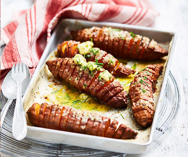Sweet potato tips, What to serve with sweet potatoes, Choosing and storing tips, Kohlrabi & sweet potato rosti with cashew dip , Sweet potato pizza with fig and pancetta , Slow-cooked pork belly with crushed sweet potato , Sweet potato rösti with haloumi and tomatoes , Pumpkin and sweet potato pie , Tomato, chorizo and sweet potato hotpot , Sweet potato brownies with espresso topping , Roasted sweet potato with green goddess dressing , Air fryer sausages with sweet potato hash browns , Ocean trout salad with edamame miso dressing , Slow cooker chickpea and sweet potato curry , Haloumi schnitzel with sweet potato chips , Lamb neck chop and lentil stew with kumara carrot mash , How to make sweet potato/kumara mash , Sweet potato rösti with roasted vegetables , Sweet potato and tuna rissoles with spicy hummus , Nut-crusted barramundi with spiced kumara wedges , Vegetarian Thai yellow curry , Kumara, prosciutto and smoked mozzarella flatbreads , Kumara rösti with portobello mushrooms , Spiced sweet potatoes with whipped chive butter , Sweet potato, mint and goat’s cheese tartlets , Spiced sweet potato tart , Sweet potato bubble and squeak , Red curry coconut chicken with sweet potato , Healthy kumara and turkey burgers , Beetroot, ricotta, & hazelnut tart with sweet potato pastry , Moroccan fish and chips , Jacket sweet potato sloppy joes , Chicken and kumara sandwiches , Eggplant and sweet potato curry , Spicy kumara sausage rolls , Kumara and ‘chorizo’ tacos , Makrut lime and red curry fish parcels , Broccoli and walnut stuffed sweet potato , Maple gingerbread muffins with kumara butter , Lamb, kumara and almond curry , Creamy lamb, kumara and ginger korma , Sweet potato, pumpkin and potato soup , Dukkah beetroot & kumara skewers , Indian-spiced quinoa cakes with tomatoes , Moroccan sweet potato bake , Roast kumara and pear salad with crunchy chickpeas , Spelt pizza with kumara & goat’s cheese , Do you have recipes for potato salads?, More potato recipes