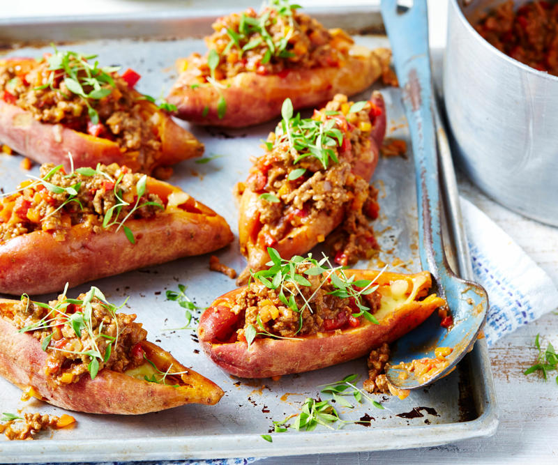 Sweet potato tips, What to serve with sweet potatoes, Choosing and storing tips, Kohlrabi & sweet potato rosti with cashew dip , Sweet potato pizza with fig and pancetta , Slow-cooked pork belly with crushed sweet potato , Sweet potato rösti with haloumi and tomatoes , Pumpkin and sweet potato pie , Tomato, chorizo and sweet potato hotpot , Sweet potato brownies with espresso topping , Roasted sweet potato with green goddess dressing , Air fryer sausages with sweet potato hash browns , Ocean trout salad with edamame miso dressing , Slow cooker chickpea and sweet potato curry , Haloumi schnitzel with sweet potato chips , Lamb neck chop and lentil stew with kumara carrot mash , How to make sweet potato/kumara mash , Sweet potato rösti with roasted vegetables , Sweet potato and tuna rissoles with spicy hummus , Nut-crusted barramundi with spiced kumara wedges , Vegetarian Thai yellow curry , Kumara, prosciutto and smoked mozzarella flatbreads , Kumara rösti with portobello mushrooms , Spiced sweet potatoes with whipped chive butter , Sweet potato, mint and goat’s cheese tartlets , Spiced sweet potato tart , Sweet potato bubble and squeak , Red curry coconut chicken with sweet potato , Healthy kumara and turkey burgers , Beetroot, ricotta, & hazelnut tart with sweet potato pastry , Moroccan fish and chips , Jacket sweet potato sloppy joes , Chicken and kumara sandwiches , Eggplant and sweet potato curry , Spicy kumara sausage rolls , Kumara and ‘chorizo’ tacos , Makrut lime and red curry fish parcels , Broccoli and walnut stuffed sweet potato , Maple gingerbread muffins with kumara butter , Lamb, kumara and almond curry , Creamy lamb, kumara and ginger korma , Sweet potato, pumpkin and potato soup , Dukkah beetroot & kumara skewers , Indian-spiced quinoa cakes with tomatoes , Moroccan sweet potato bake , Roast kumara and pear salad with crunchy chickpeas , Spelt pizza with kumara & goat’s cheese , Do you have recipes for potato salads?, More potato recipes