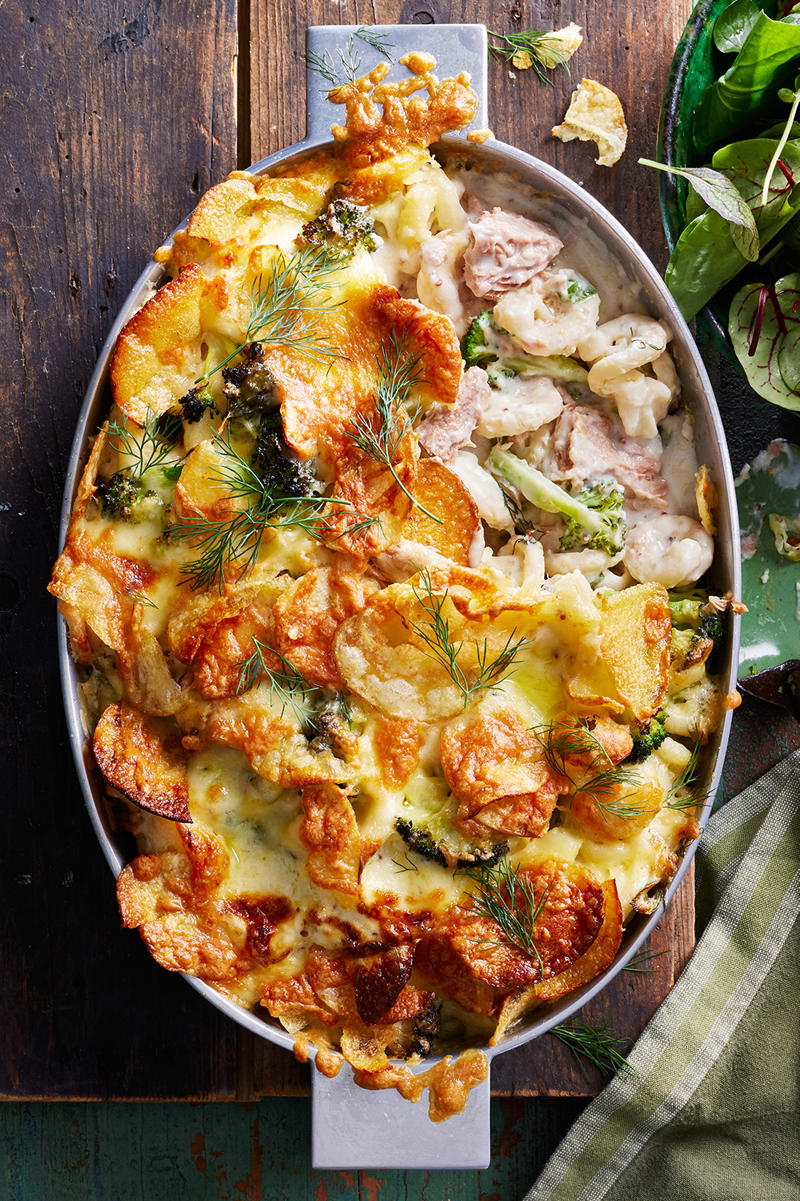 Tuna and veg pasta mornay, Tuna and sweet potato patties with pickled salad, Tuna pasta bake, Layered tuna salad, Tuna and sweet chilli wrap, Gluten-free Italian tuna spaghetti, Potato-topped tuna mac and cheese, Egg, tuna and chickpea salad, Brown rice sushi